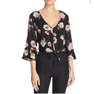 Cotton Candy Womens Blouse V-Neck‎ Tie Front Crop Bell Sleeves Floral Top Size S